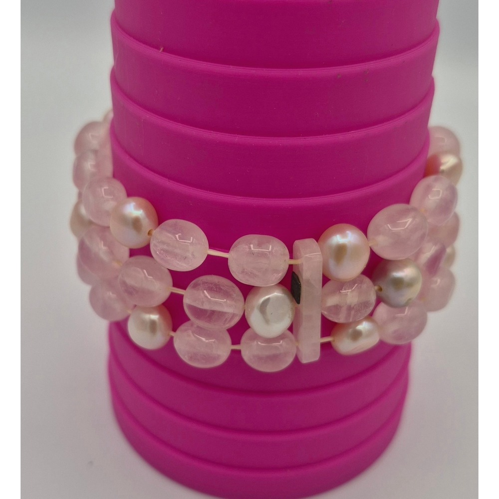 Bracelet Pink White Rose Quartz Freshwater Pearl Triple Strand Stretch Cuff